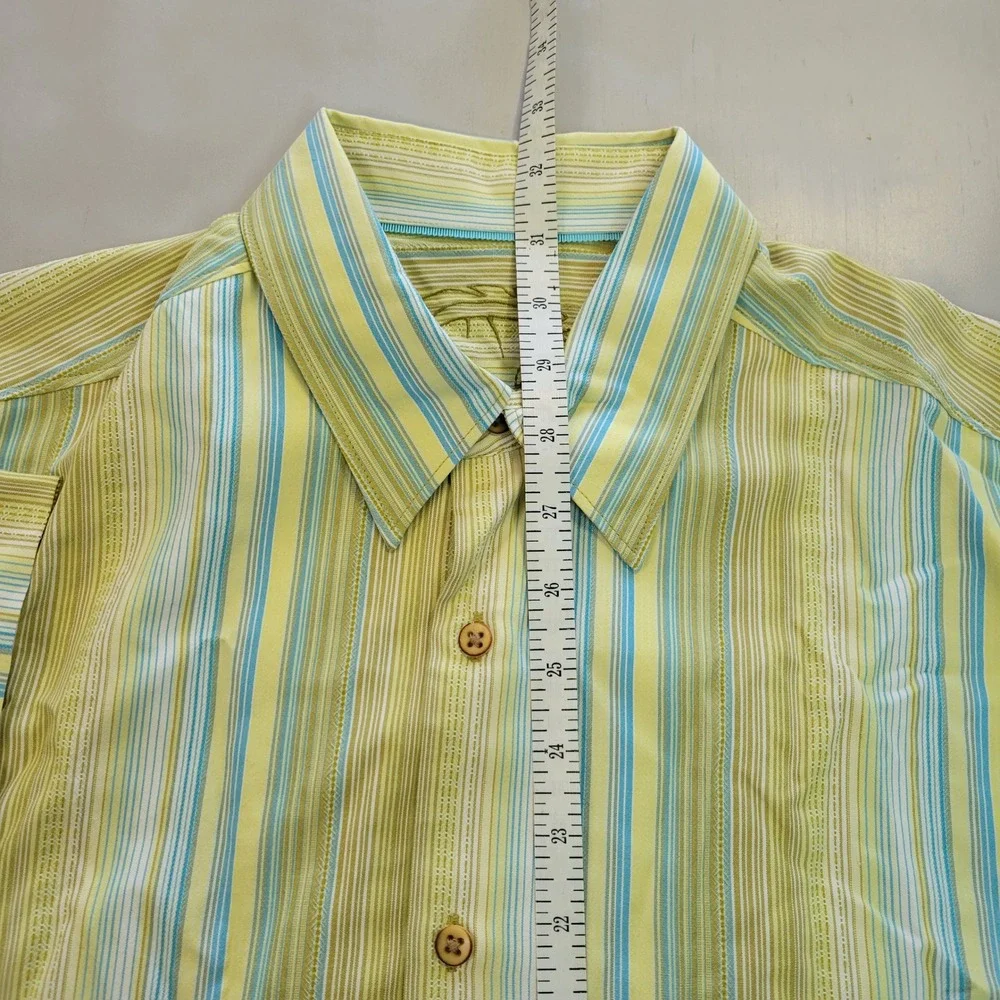 Tommy Bahama Mens Medium 100% Silk‎ Striped Short Sleeve Button Down Shirt Green